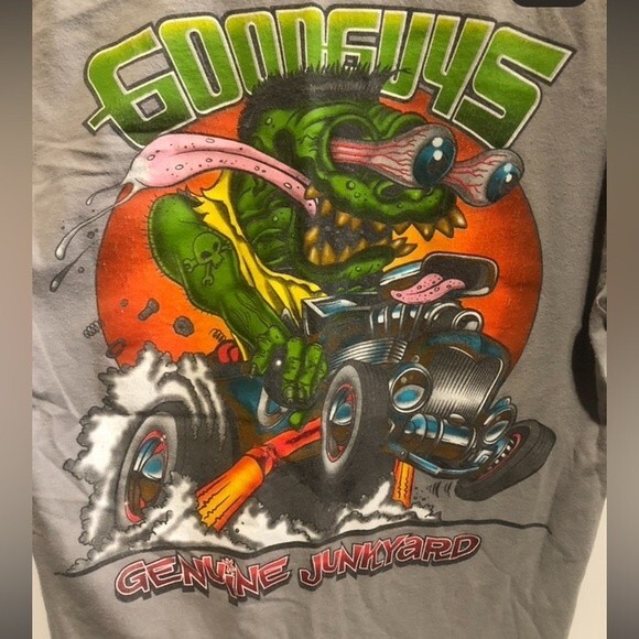 Good Guys -‘Genuine Junkyard‘ Gray  graphic Hot Rod T-Shirt-Men’s Medium - Picture 2 of 4
